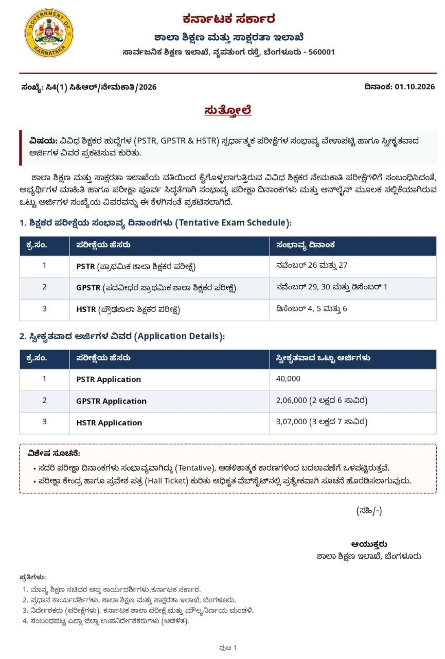 Karnataka Teachers Tentative Exam Schedule